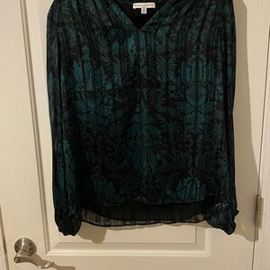 Maison Jules Teal and Black Patterned Long-Sleeve Women's Blouse